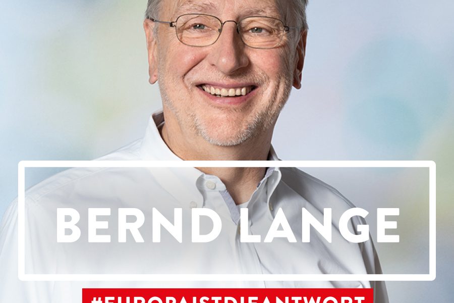 Das Bild zeigt ein Porträt unseres Europa-Kandidaten Bernd Lange in der Halbtotalen. Bernd Lange steht lachend vor einem pastellfarbenem Hintergrund.